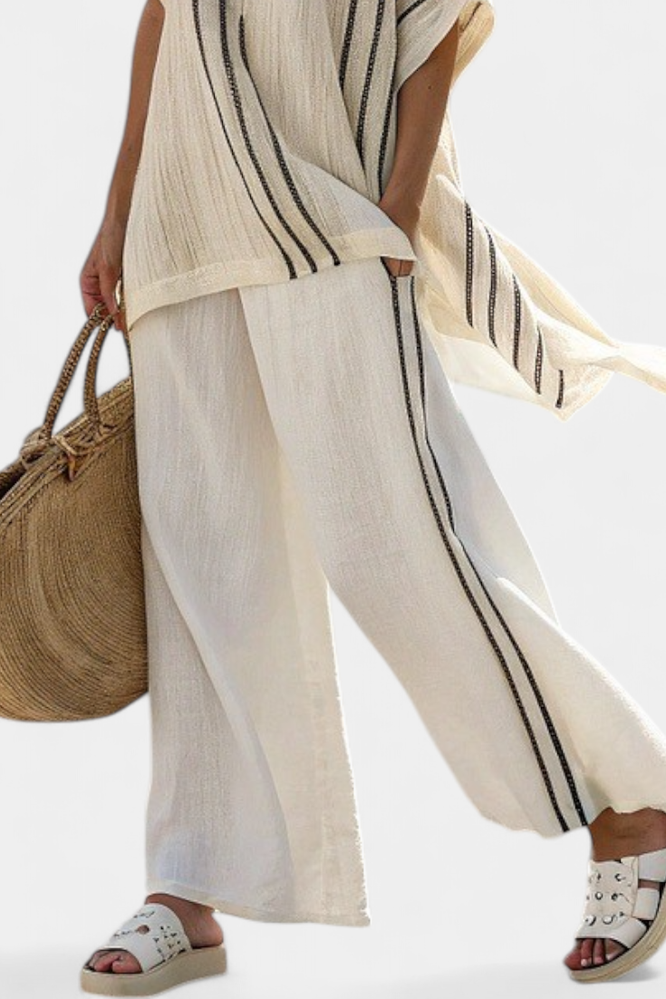 Striped Short Sleeve Top and Wide Leg Pants Two Piece Set 4