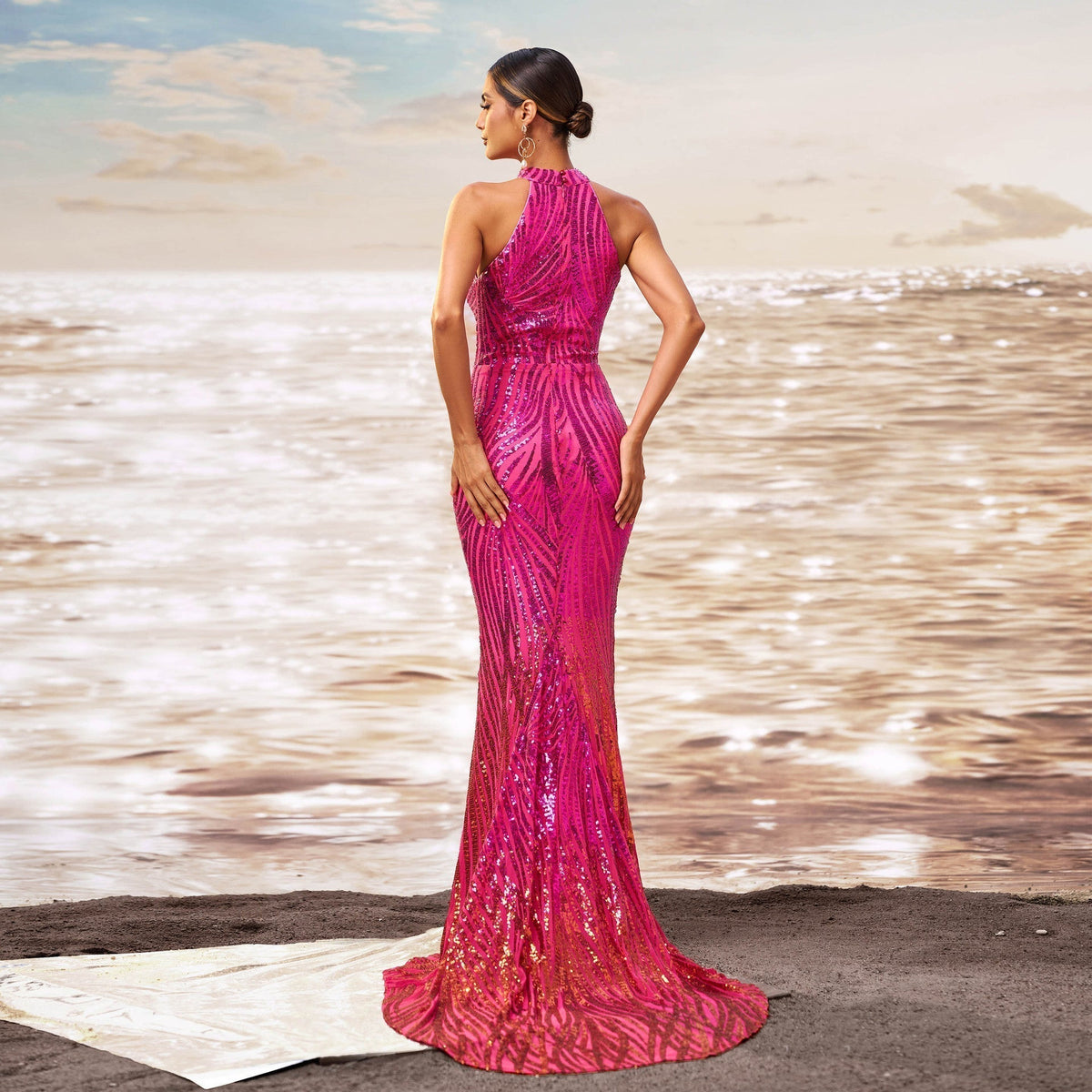 Sequin Halter Neck Keyhole Mermaid Fishtail Evening Gown - View 5