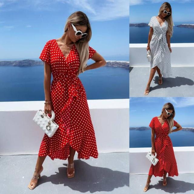 Polka Dot Wrap Deep V-Neck Short Sleeve Ruffle High Low Maxi Dress