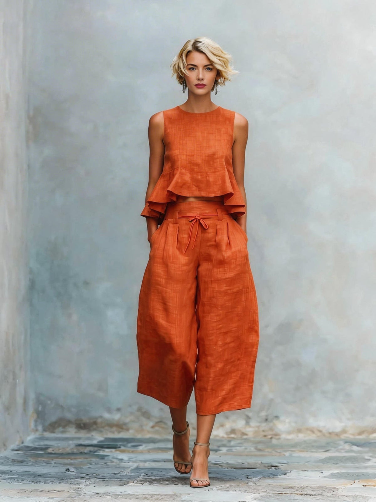 Sleeveless Ruffle Hem Top and Wide Leg Cropped Pants Two Piece Set 5