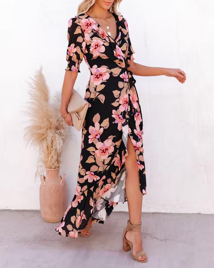Floral V-Neck Puff Sleeve Wrap Ruffle Hem High Low Maxi Dress 6