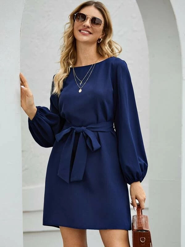 Boat Neck Balloon Sleeve Tie Waist Wrap Mini Dress - View 3