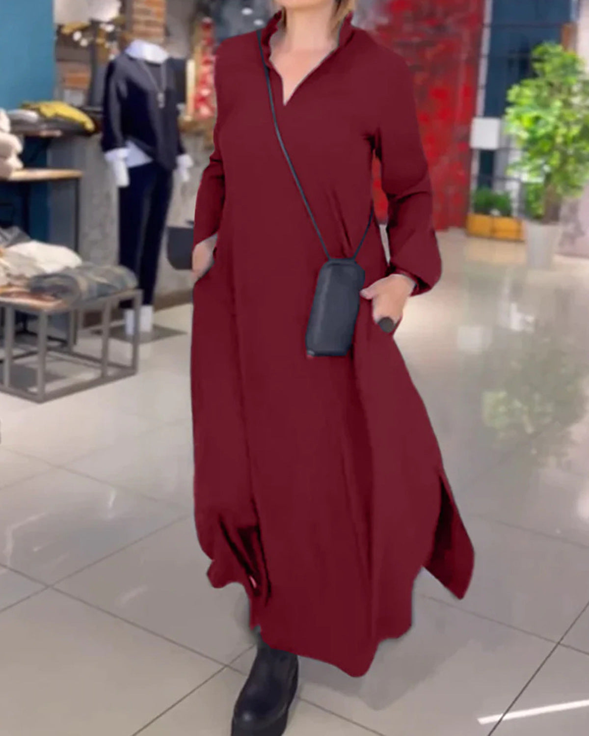 Long Sleeve Stand Collar V-Neck Pocket Side Slit Loose Maxi Dress - View 6
