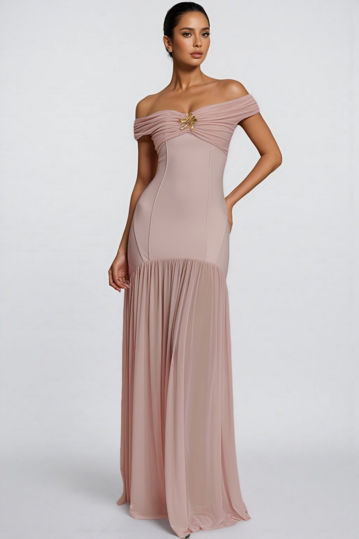 Cionlt Pink Mesh Backless Pleated Maxi Dress