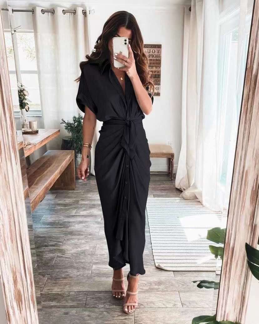 Meryl Satin Tie Front Midi Dress Black - View 3