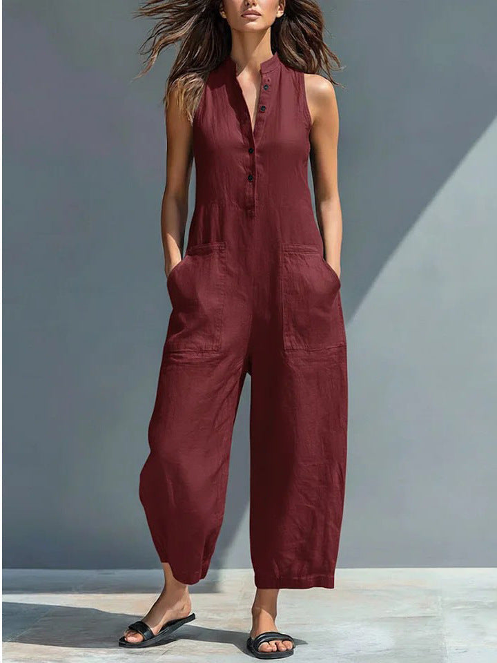 Sleeveless Button Front Wide Leg Jumpsuit 8