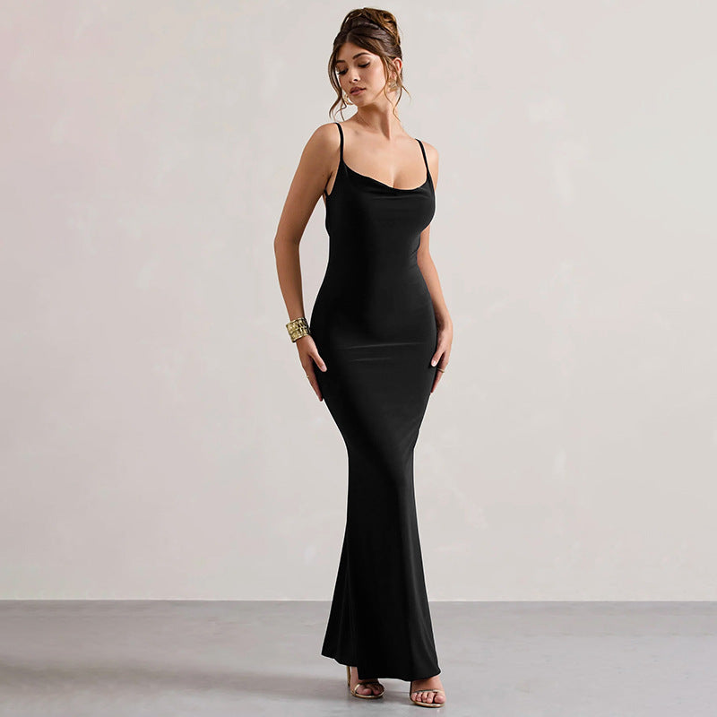 Lace Backless Sling Pockets Collar Dress Hip Dress - View 2
