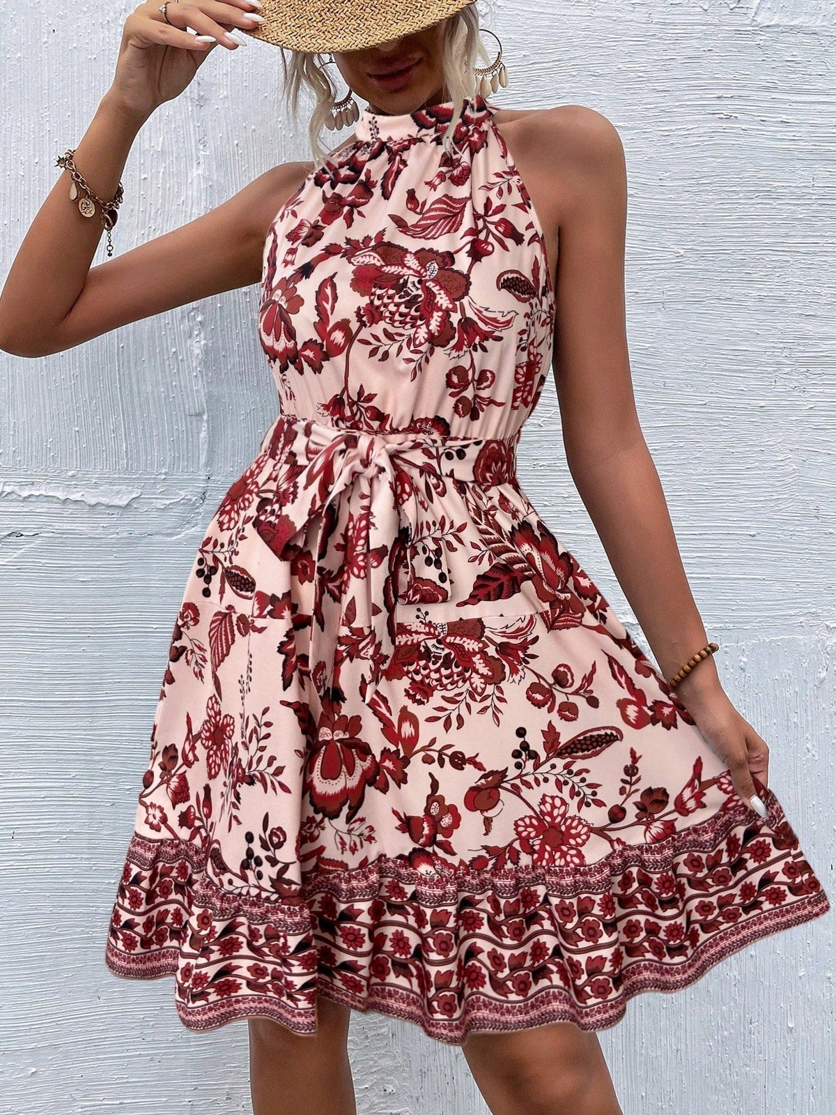 Floral Halter Neck Tiered Ruffle A-Line Summer Mini Dress - View 7