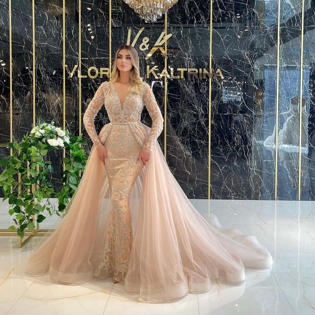 Sequin Mesh Deep V-Neck Long Sleeve Mermaid Overskirt Train Gown - View 2