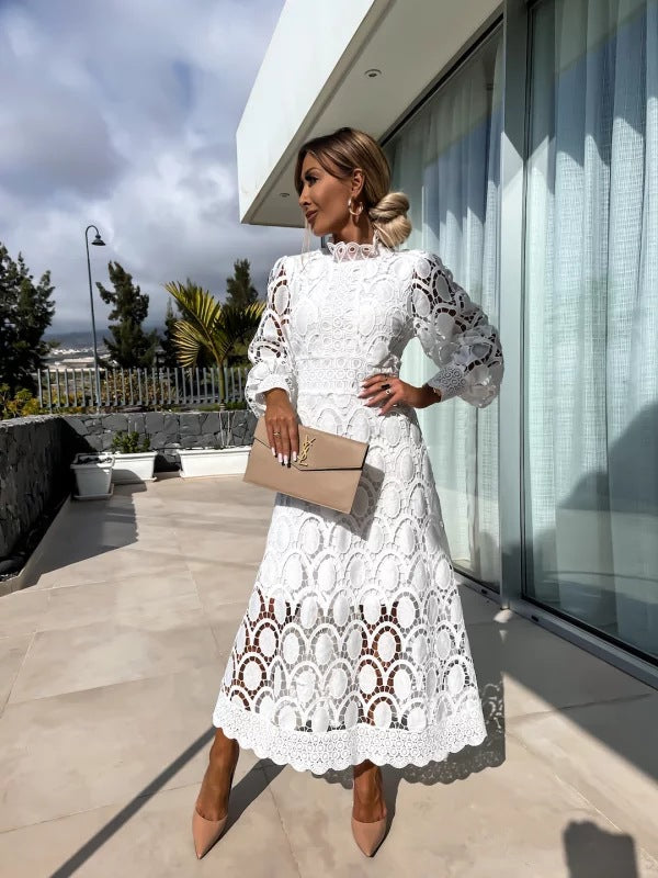 Crochet Lace High Neck Long Sleeve Maxi Dress 8