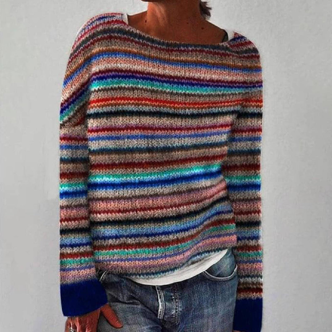 Boat Neck Long Sleeve Striped Knit Sweater