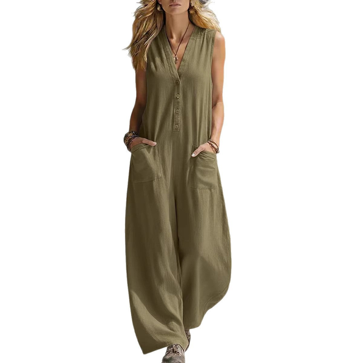 V-Neck Sleeveless Button Front Wide Leg Jumpsuit with Pockets 6
