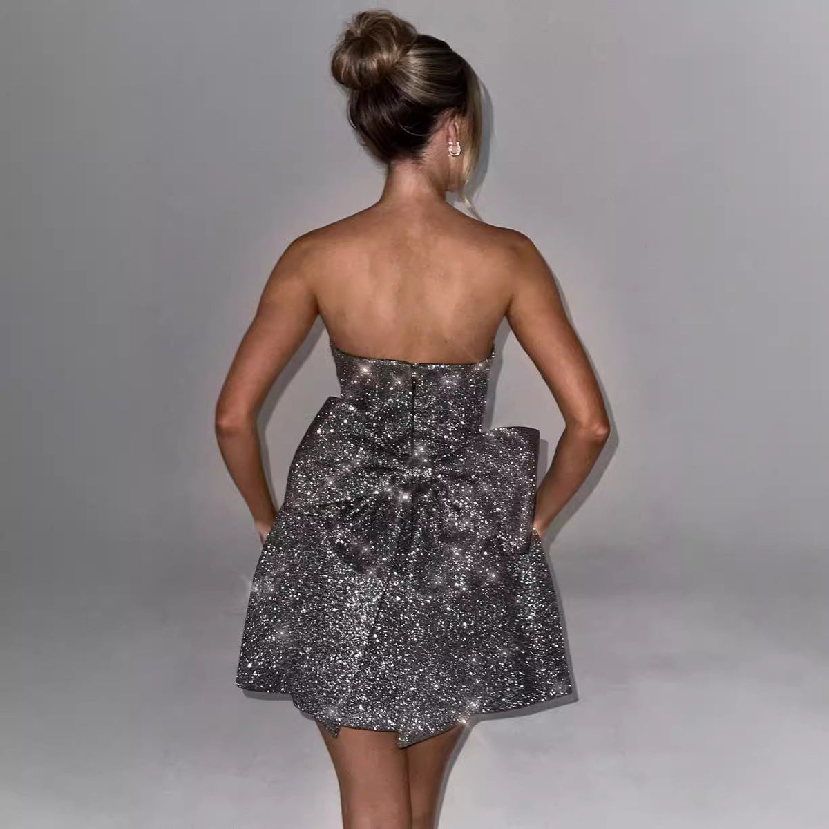 Strapless Sequin Bow Back Pocket A-Line Mini Party Dress - View 6