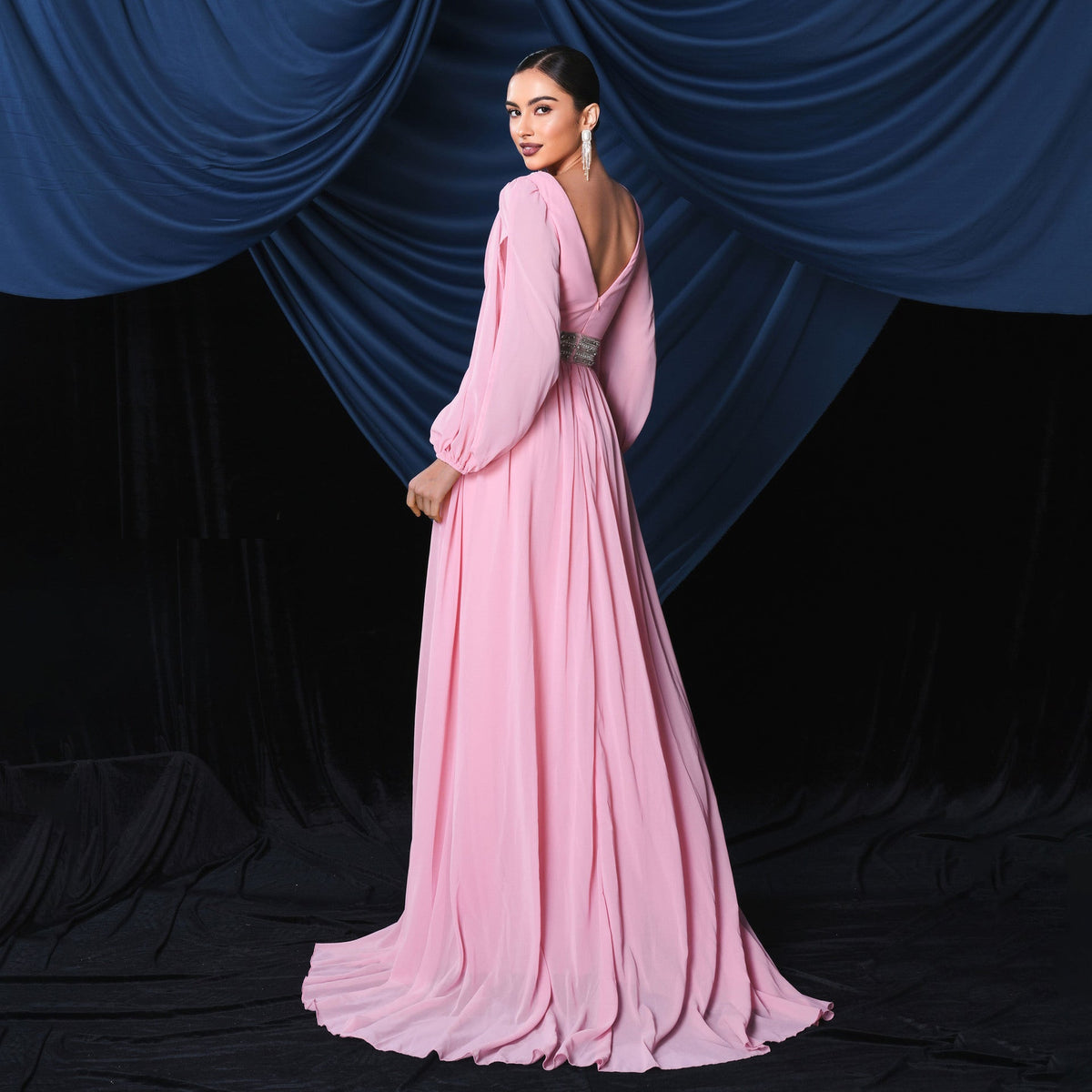 Chiffon Deep V-Neck Long Sleeve High Split Flowy Maxi Dress - View 2