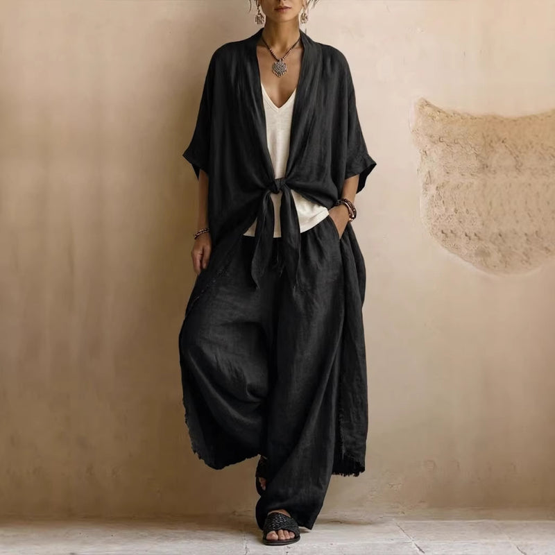 Linen Tie Front Kimono and Wide Leg Pants Two Piece Set 4