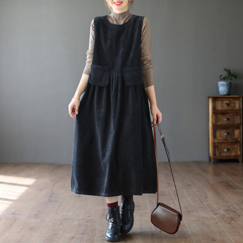 Sleeveless Thin Line Loose Striped Velvet Mid-Length A-Line Dress - View 4