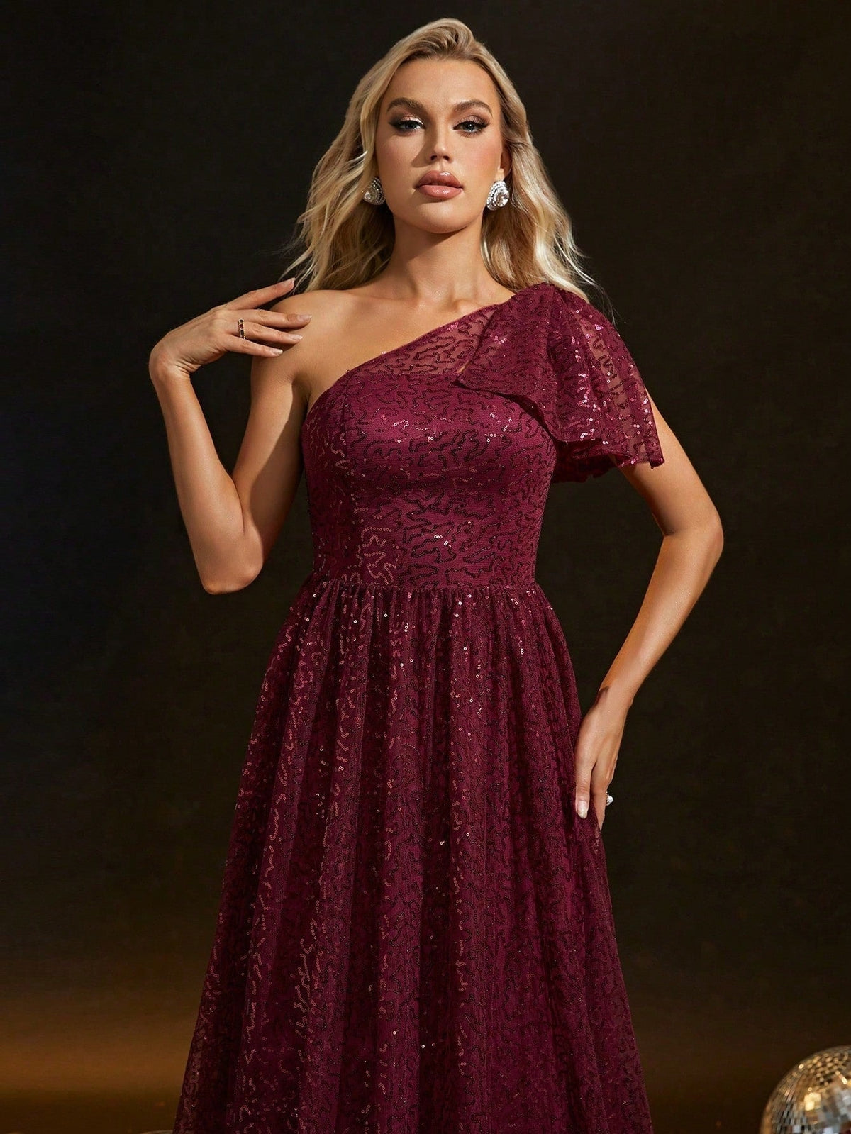 Sequin One Shoulder Cut Out Bow A-Line Maxi Gown - View 2