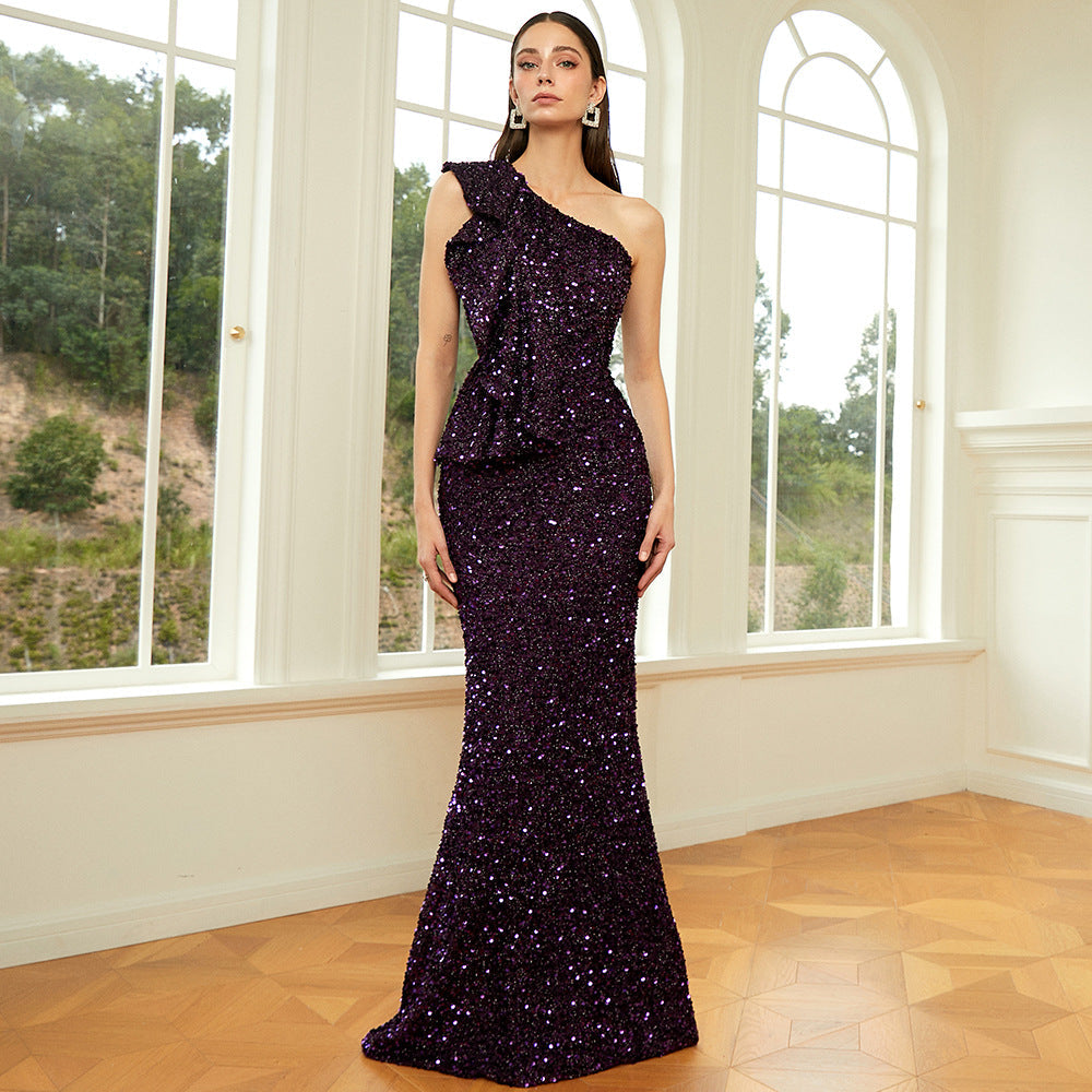 Sequin One Shoulder Ruffle Peplum Mermaid Maxi Dress