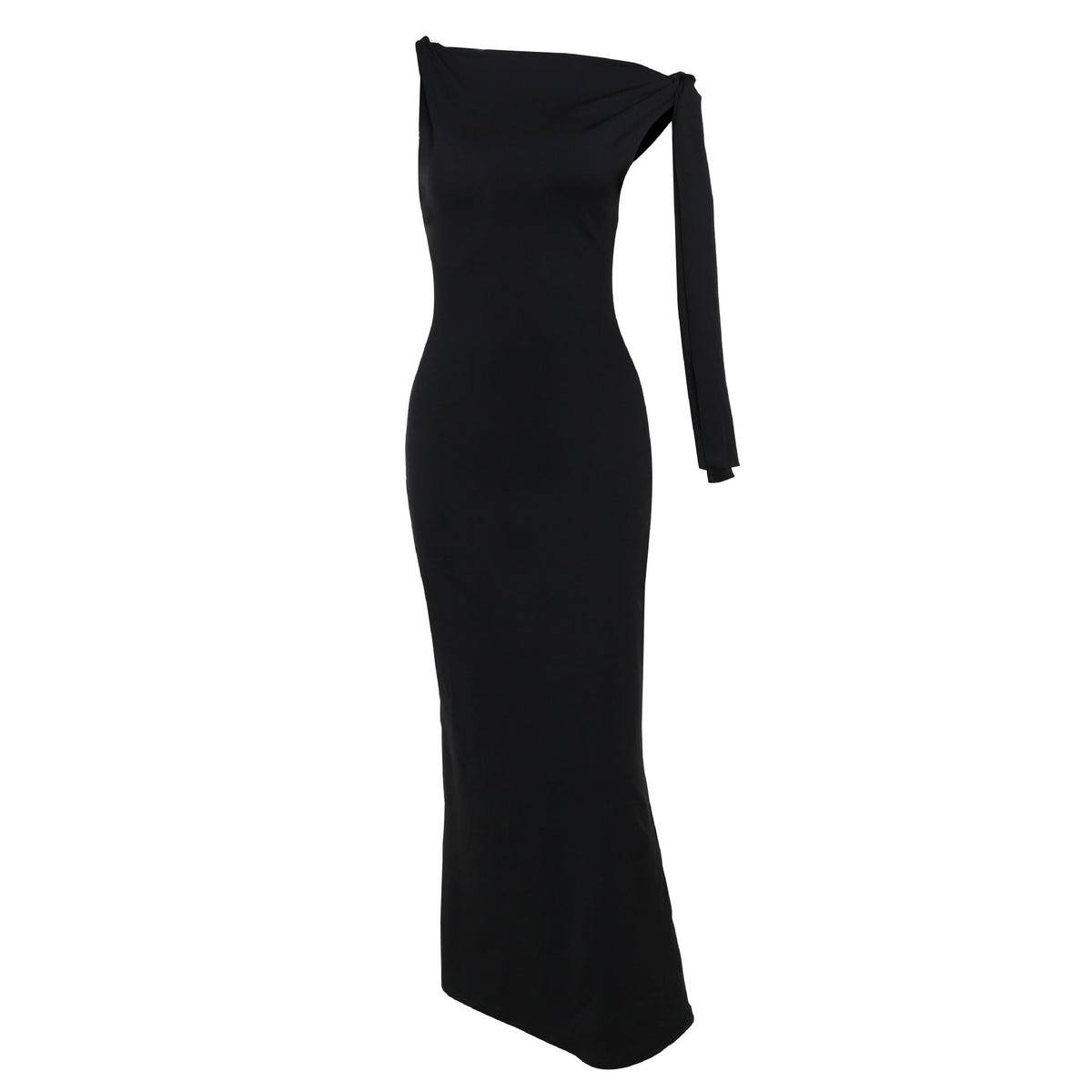 Sleeveless High Neck One Shoulder Tie Sash Bodycon Column Gown - View 5