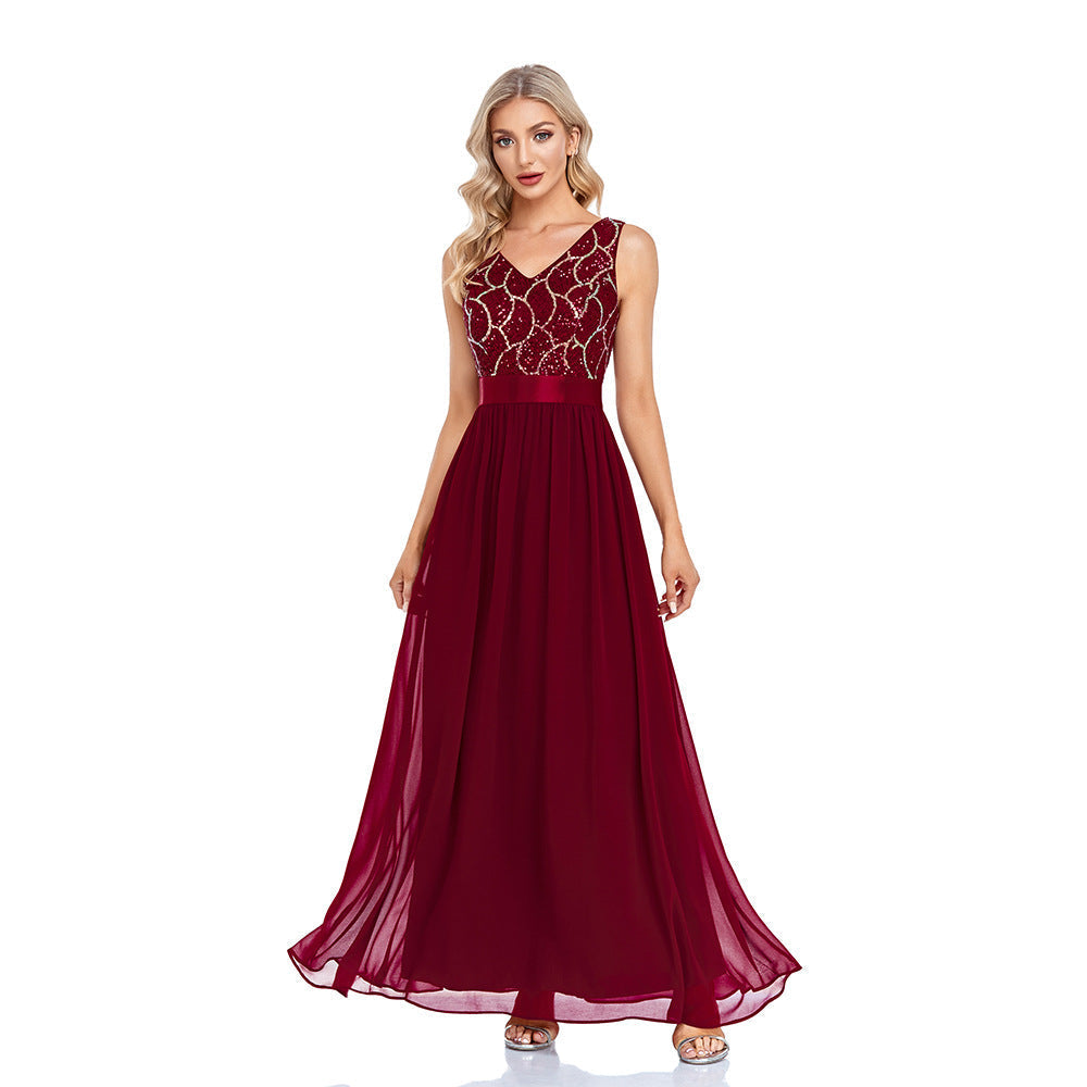 Sequin V-Neck Sleeveless Chiffon A-Line Maxi Gown - View 3