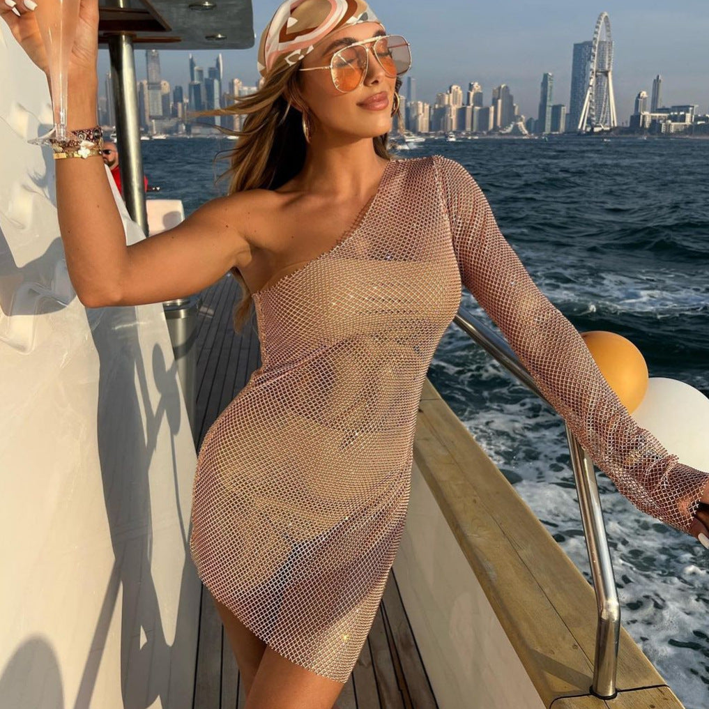 One Shoulder Long Sleeve Rhinestone Mesh Bodycon Mini Party Dress