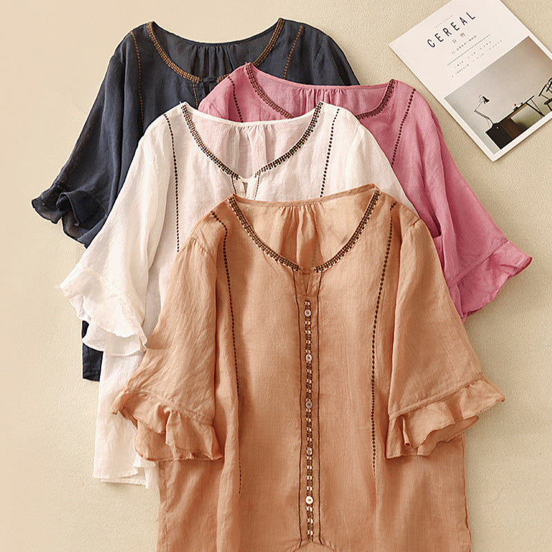 Embroidered Trim Tie Neck Ruffle Sleeve Blouse 2