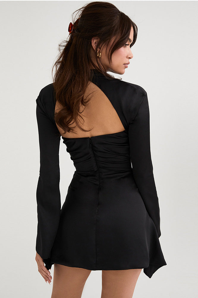 Satin Cowl Neck Long Sleeve Cut Out Ruched Bodycon Dress - View 3