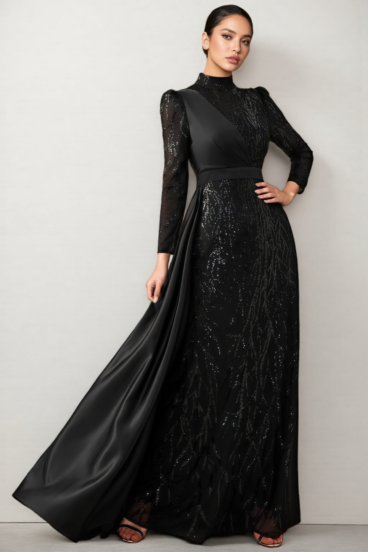 Moto Sequin Satin Long-Sleeved Maxi Dress - View 3