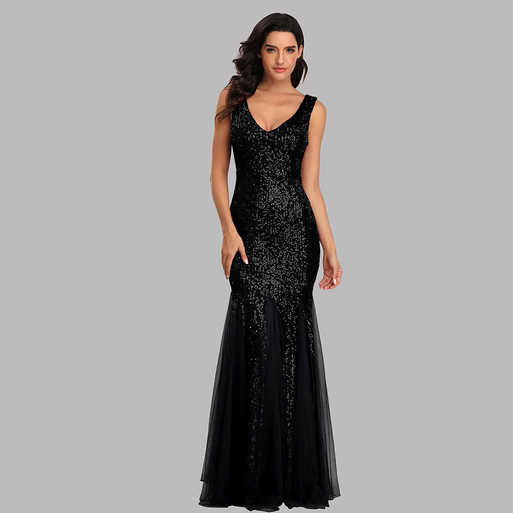 Sequin V-Neck Sleeveless Mesh Panel Mermaid Maxi Dress - View 5