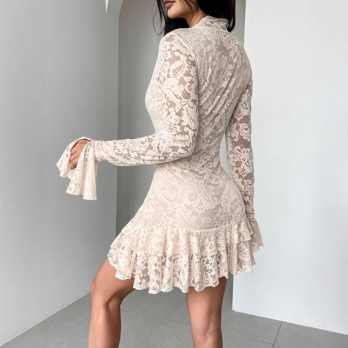 Autumn Winter Lace V neck Double Layer Ruffled Slim Fit Sheath Dress - View 2