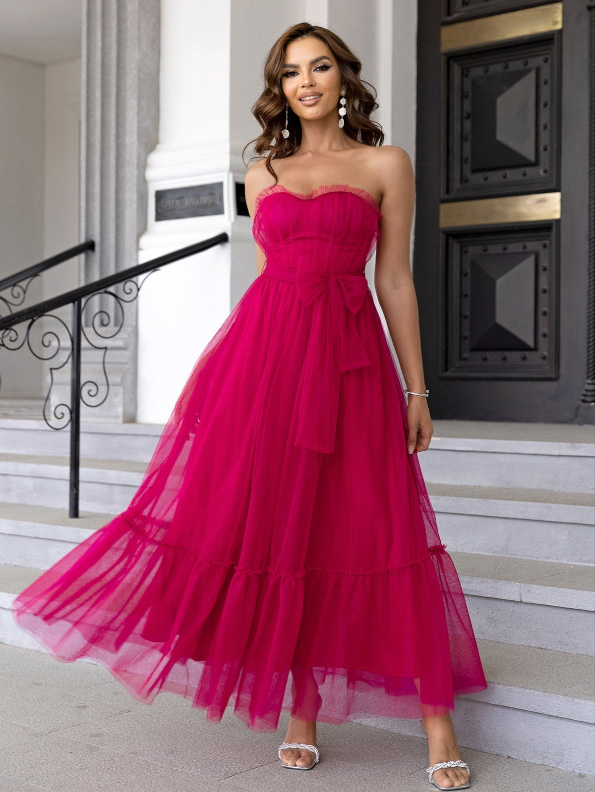 Mesh Dress Lace up Dress Ruffled Tied Mesh Straight - View 4