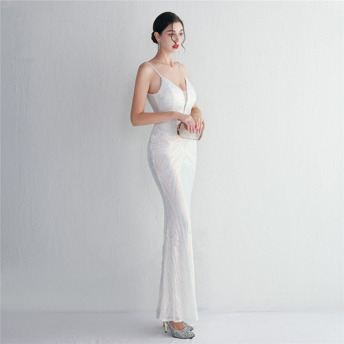 Sequin Geometric Spaghetti Strap Deep V-Neck Mermaid Maxi Gown 6