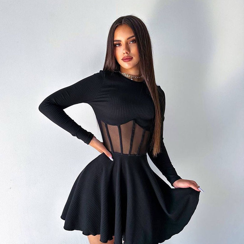 Long Sleeve Sheer Mesh Corset Waist Fit and Flare Mini Dress - View 5