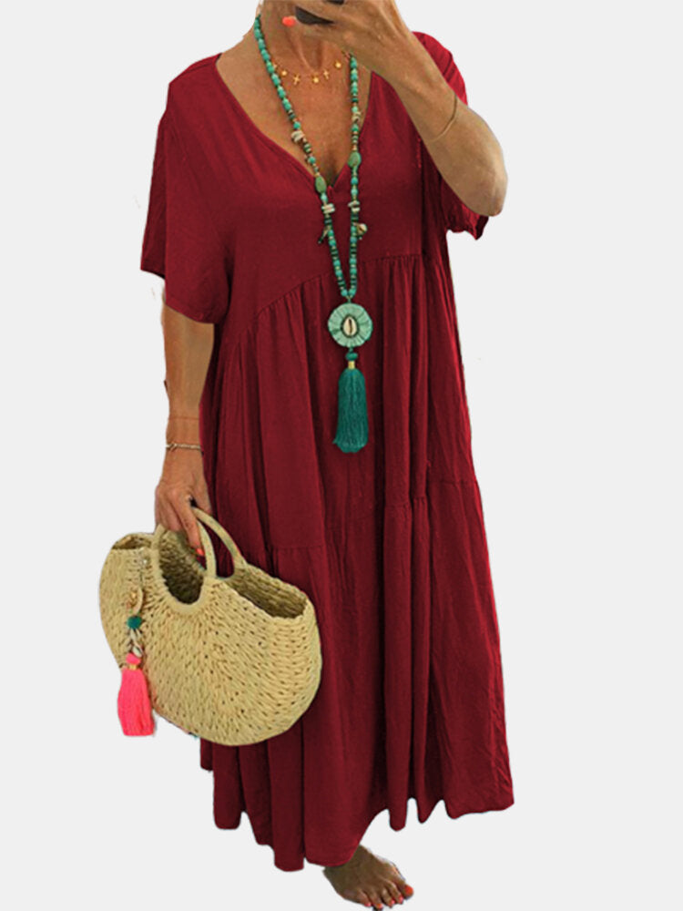 V-Neck Short Sleeve Tiered Maxi Dress Summer 6