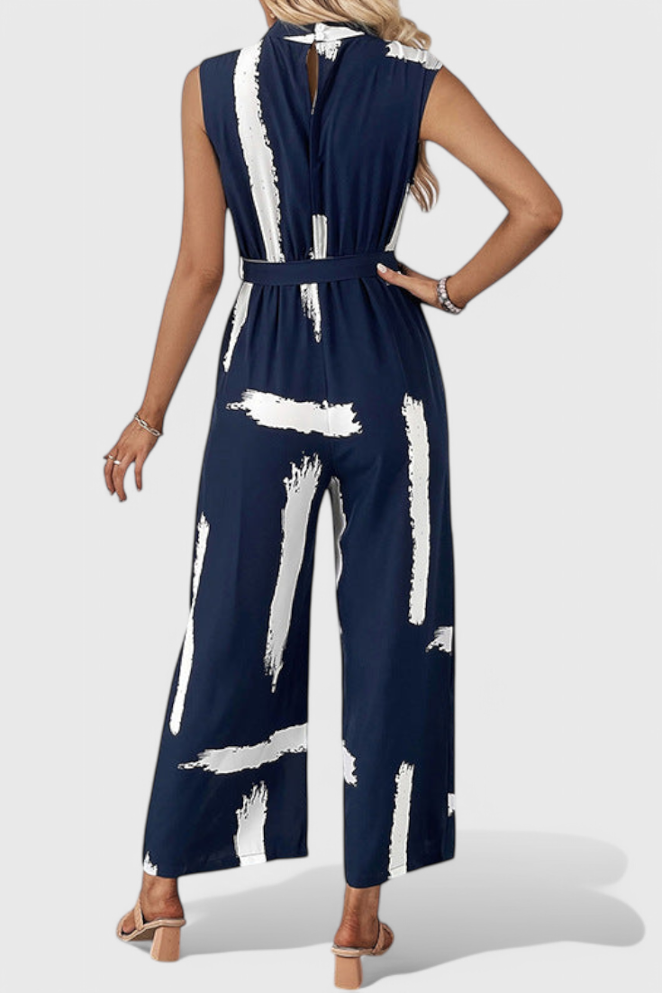 Brushstroke Print Sleeveless Belted Wide Leg Jumpsuit 3