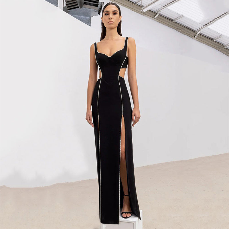 Sweetheart Spaghetti Strap Rhinestone Trim Cut Out Side Maxi Gown
