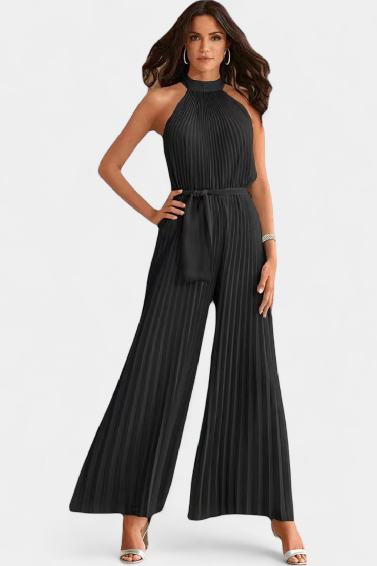 Halter Neck Pleated Belted Wide Leg Jumpsuit 2
