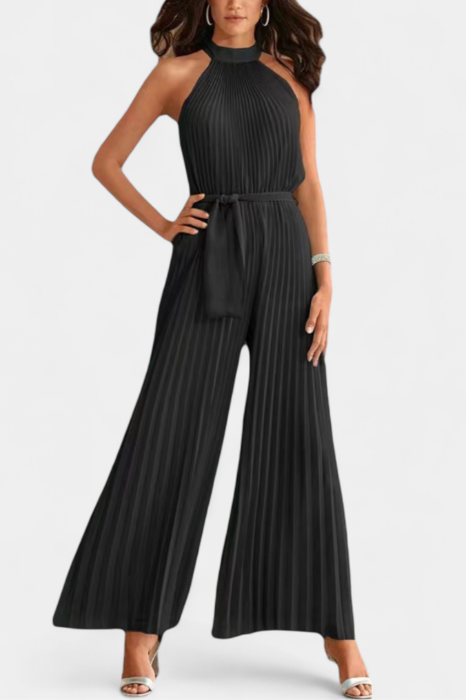 Halter Neck Pleated Belted Wide Leg Jumpsuit