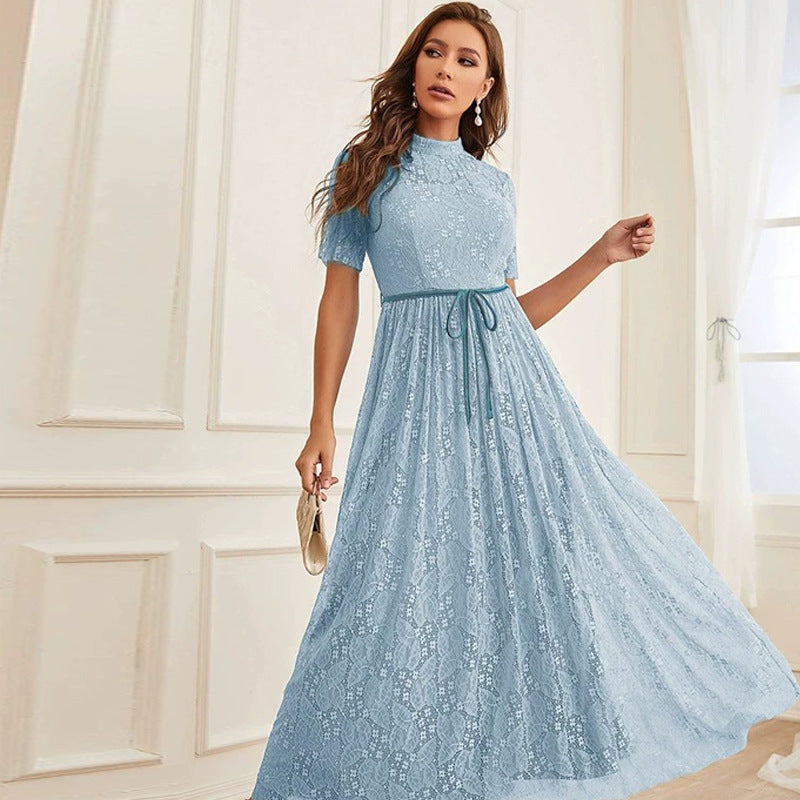 Mock Neck Short Sleeve Lace Belted A-Line Maxi Dress - View 4