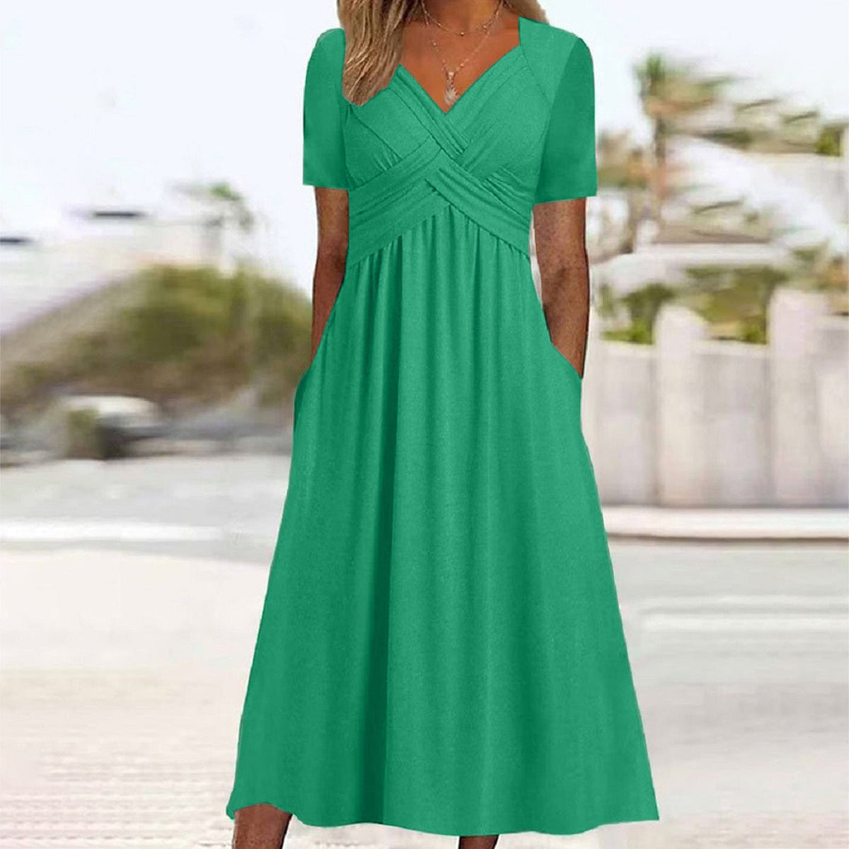 V-Neck Short Sleeve Surplice Wrap Pleated Pocket Maxi Dress - View 3