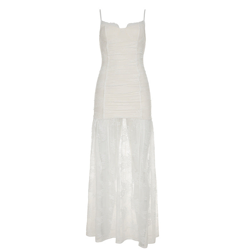Lace Spaghetti Strap Ruched High Split Slip Maxi Dress - View 3