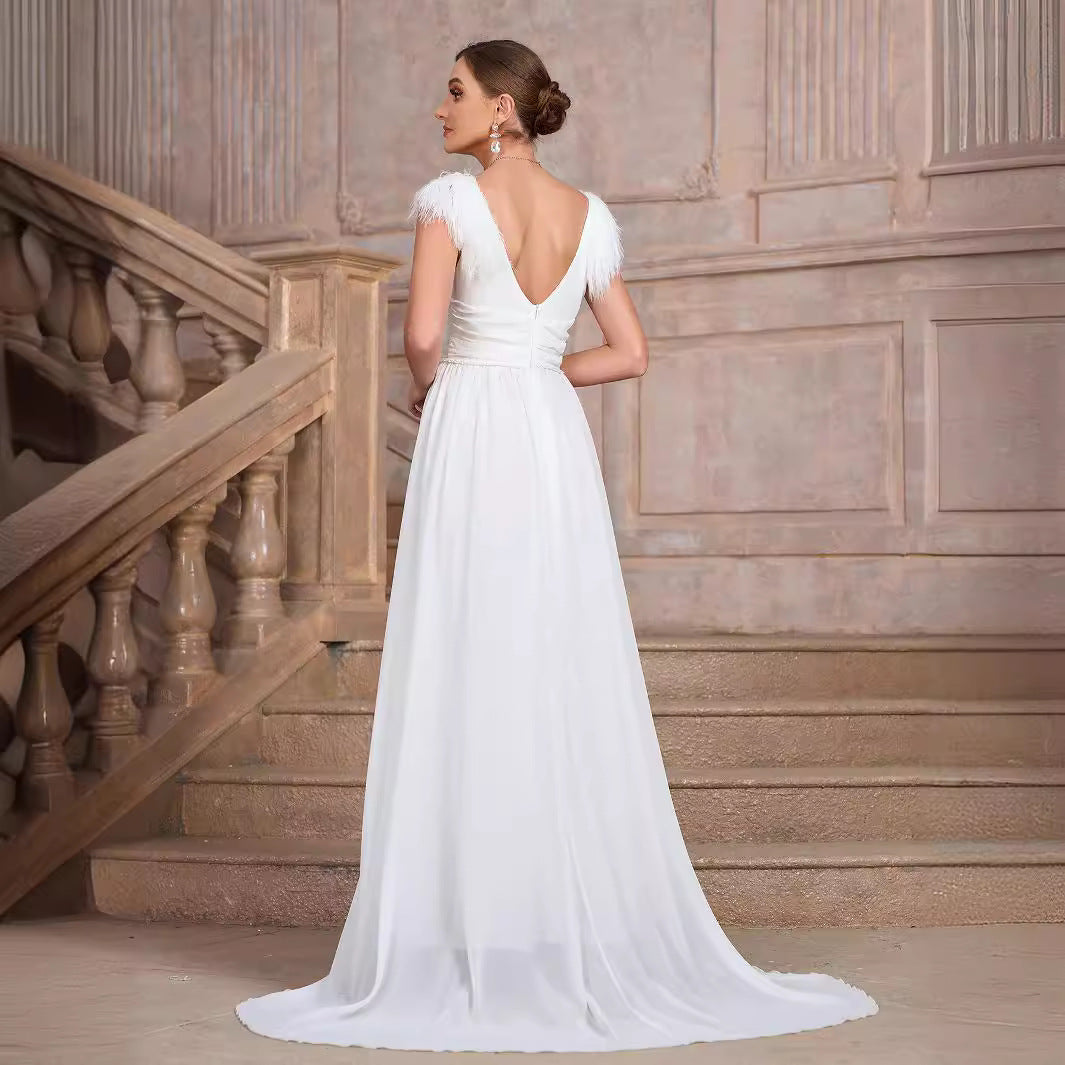 Solid Color V neck Backless Velvet Collar Chiffon Split Elegant Slim Fit Cocktail Evening Dresses - View 2