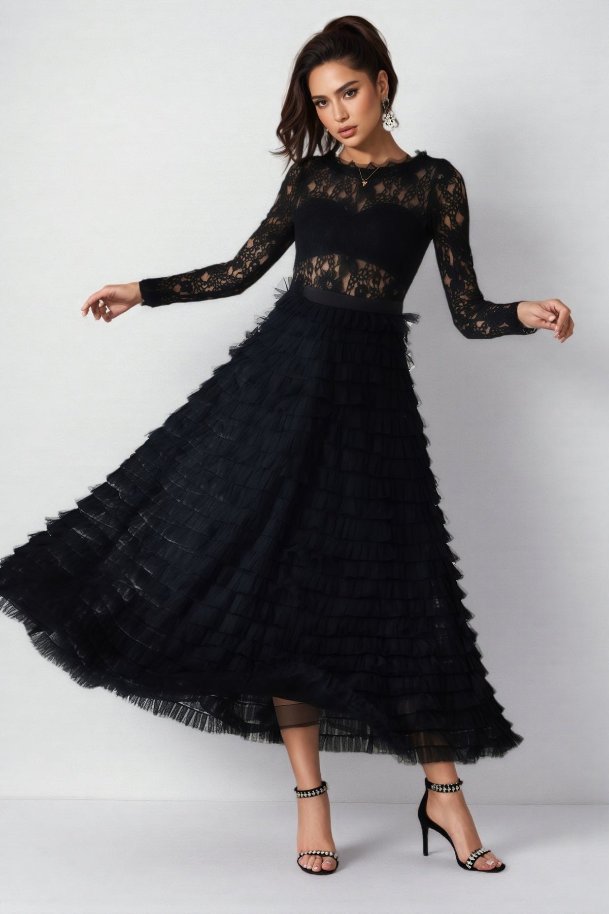 Rafik Black Hollow Lace A-line Maxi Dress - View 2
