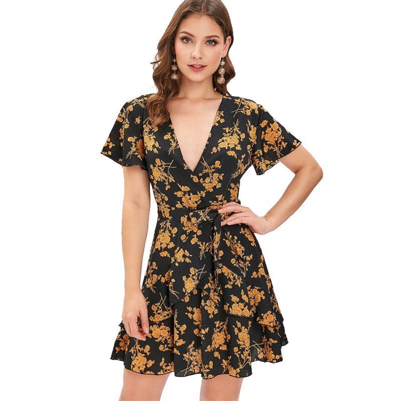 Floral Chiffon Deep V-Neck Short Sleeve Tiered Ruffle Mini Dress