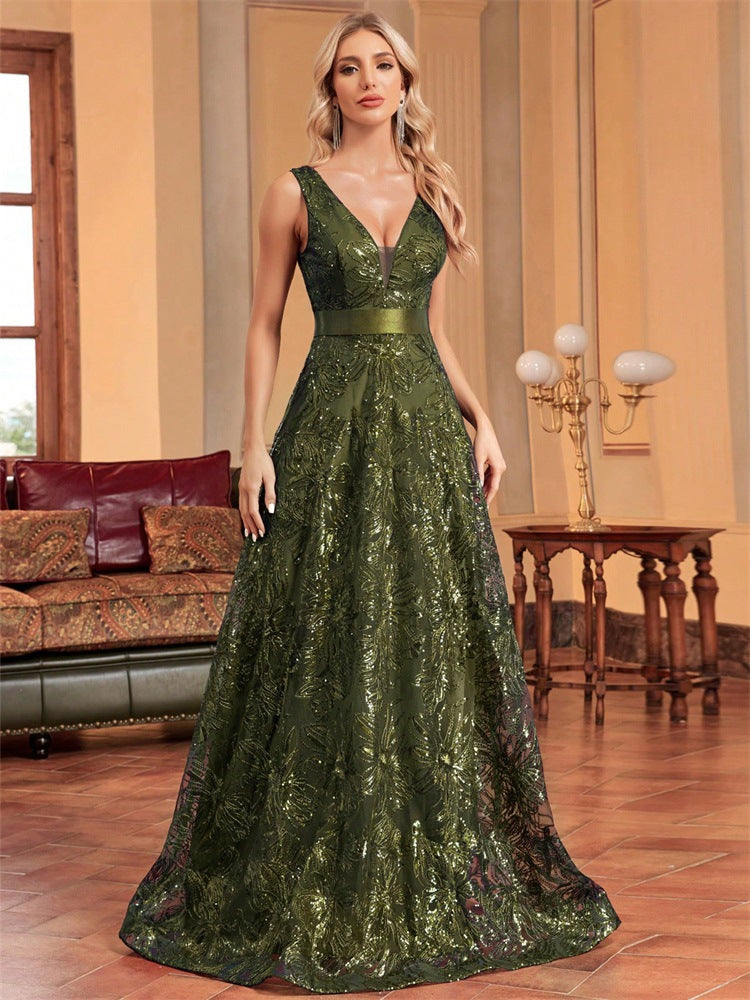 Sequin Deep V-Neck Sleeveless A-Line Maxi Prom Gown - View 4