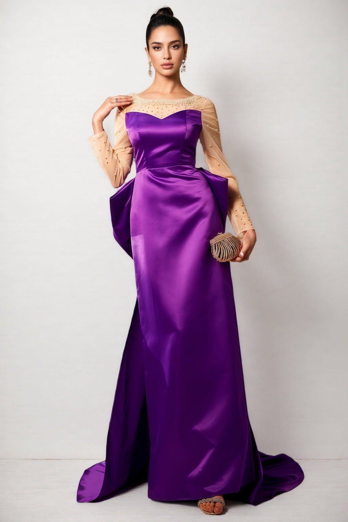 Pearl Embellished Sheer Mesh Yoke Long Sleeve Maxi Gown