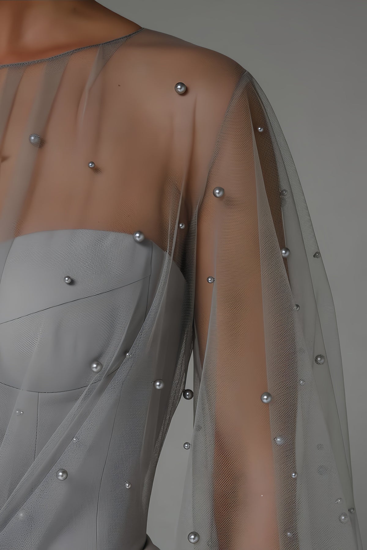 Mesh Pearl Embellished Bishop Sleeve Corset Bodice Wrap Maxi Gown - View 5