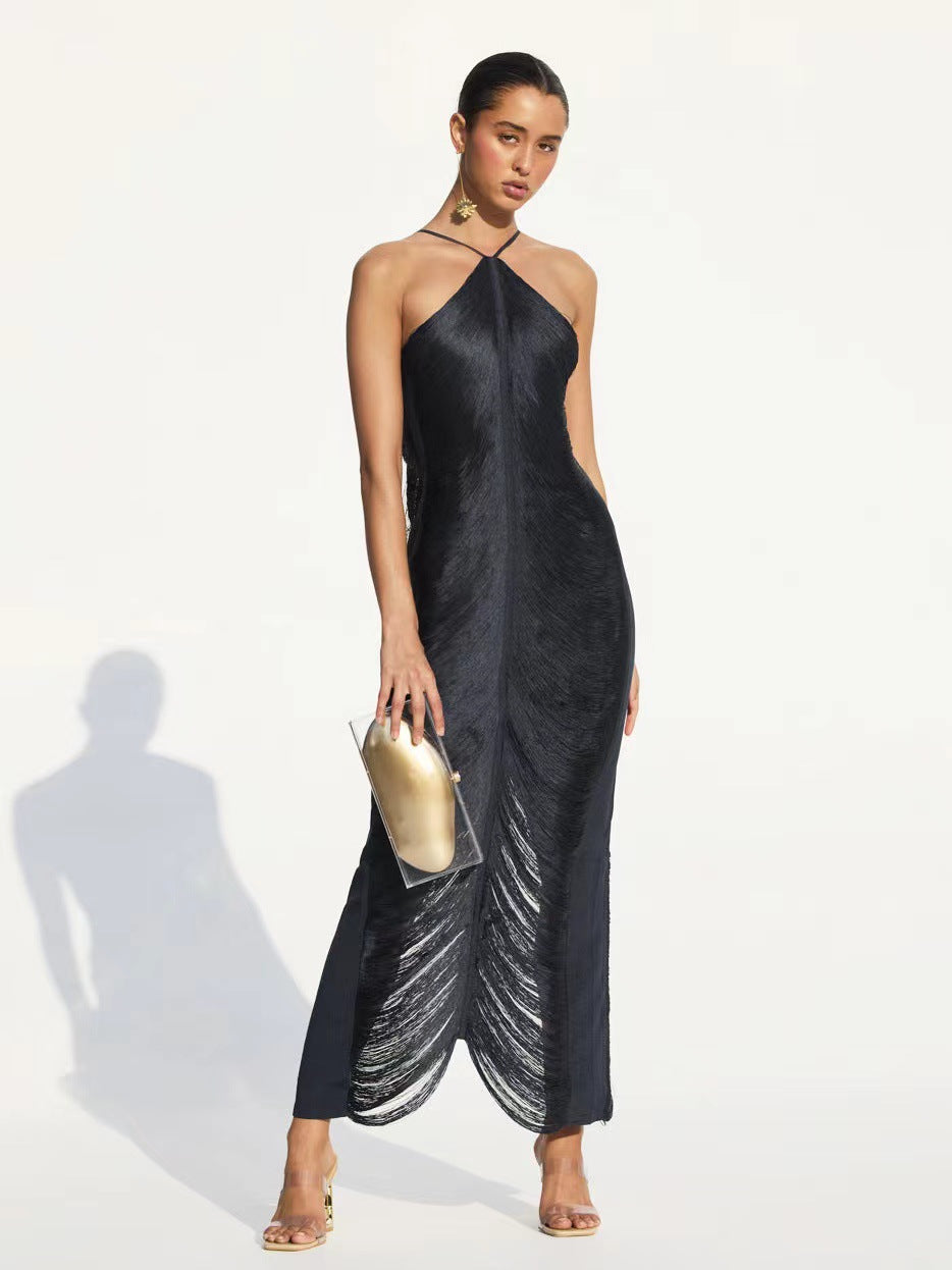 Fringe Halter Neck Back Slit Sleeveless Maxi Gown - View 6
