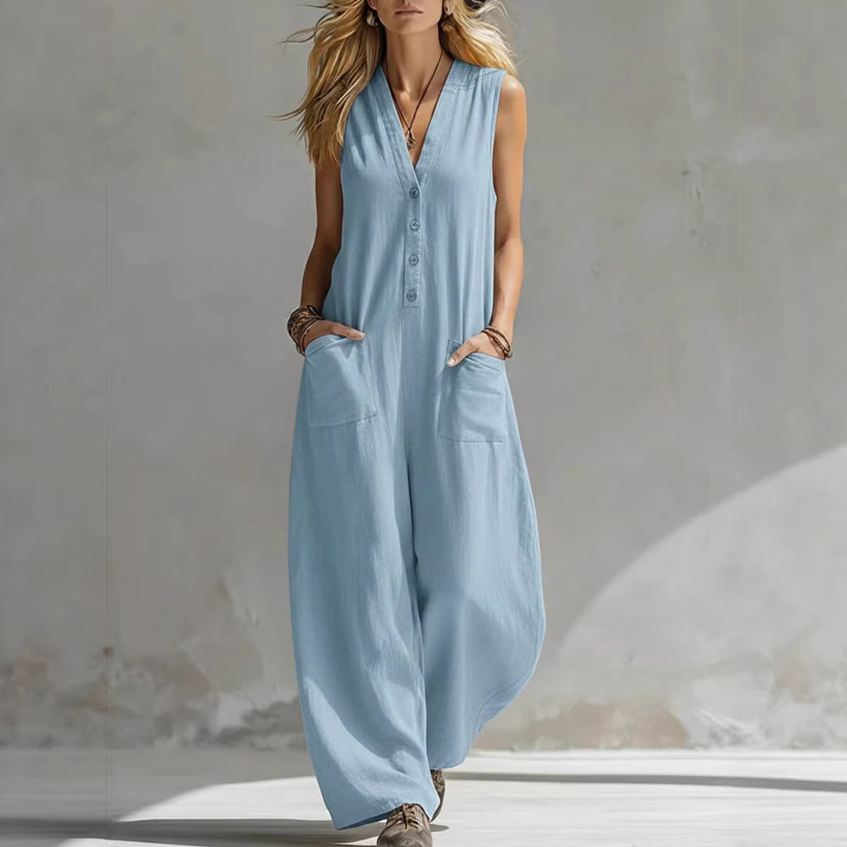 V-Neck Sleeveless Button Front Wide Leg Jumpsuit with Pockets 2