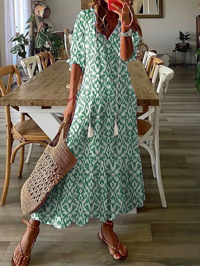 V-Neck Tassel Tie Short Sleeve Tiered Ruffle Hem Maxi Dress - View 2